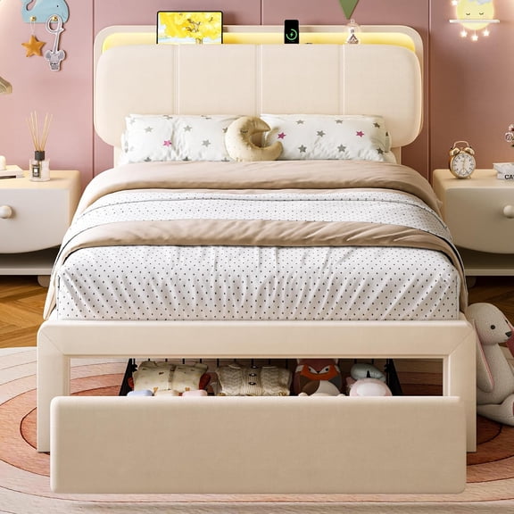 Virans Twin Size Velvet Upholstered Bed Frame with Headboard & Storage Drawers,Princess Platform Bed Frame with Charging Station & LED,No Box Spring Needed,Beige