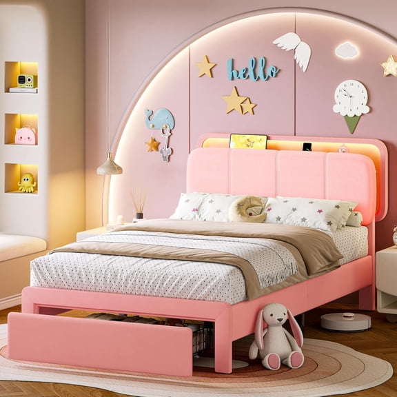 Virans Twin Size Velvet Upholstered Bed Frame with Headboard & Storage Drawers,Princess Platform Bed Frame with Charging Station & LED,No Box Spring Needed,Pink