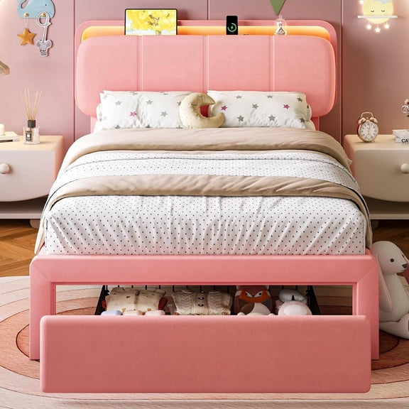 Virans Twin Size Velvet Upholstered Bed Frame with Headboard & Storage Drawers,Princess Platform Bed Frame with Charging Station & LED,No Box Spring Needed,Pink