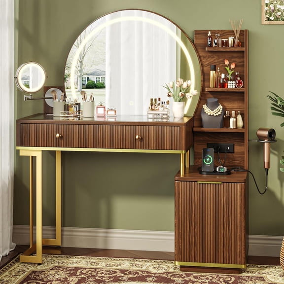 Virans Vanity Desk with Round Mirror, Lights and w/5x Magnifying Mirror ,Glass Top Makeup Vanity Desk,Dressing Table with Power Outlet & Adjustable Storage for Bedroom,Brown