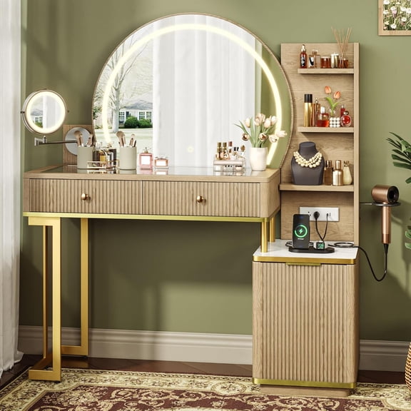 Virans Vanity Desk with Round Mirror, Lights and w/5x Magnifying Mirror ,Glass Top Makeup Vanity Desk,Dressing Table with Power Outlet & Adjustable Storage for Bedroom,Natural