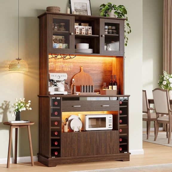 Virans 71”Tall Bar Cabinet with Charging Station and LED Lights,Kitchen Hutch Cabinet with Wine Rack and Glass Holder for Dining Room, Dark Walnut