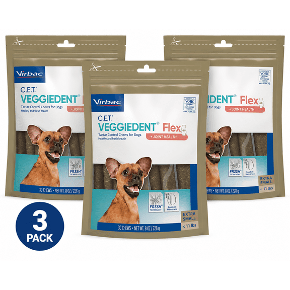 Virbac C.E.T. VeggieDent Flex + Joint Health for Extra Small Dogs Under 11 lbs, 90 chews (3 Pack)