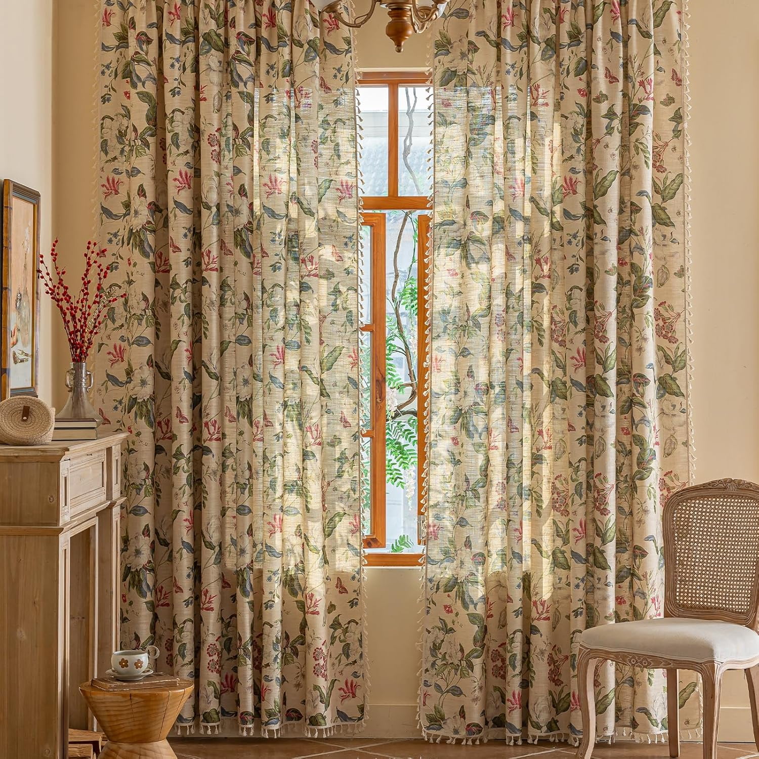 Vireellx Boho Curtains 96 Inch Length 2 Panels Leaf Semi Sheer Drapes ...