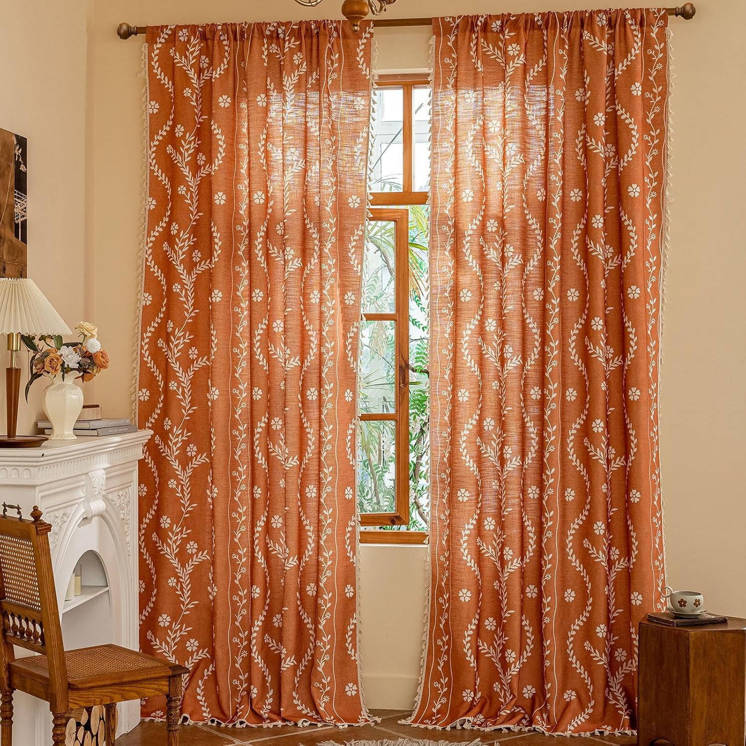 Vireellx Boho Curtains 96 Inch Length 2 Panels Leaf Semi Sheer Drapes Tassel Rod Pocket Bohemian ...