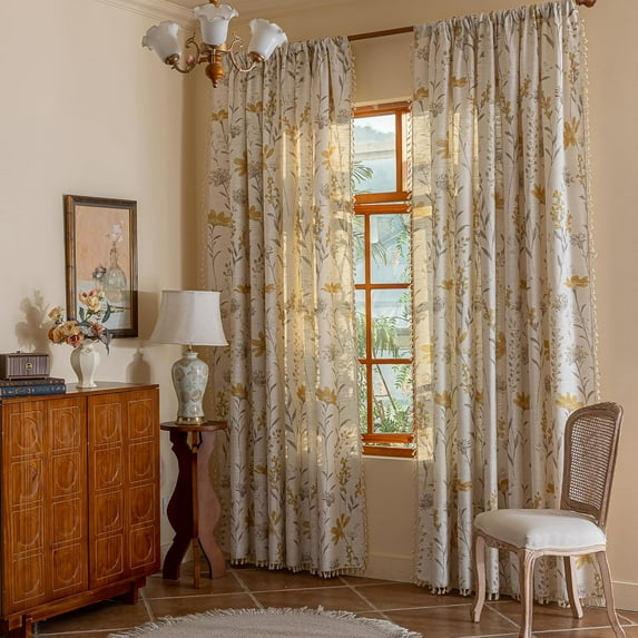 Vireellx Boho Curtains 96 Inch Length 2 Panels Leaf Semi Sheer Drapes Tassel Rod Pocket Bohemian Bedroom Window Curtain Panels for Living Room Farmhouse Geometric Striped Window Treatment