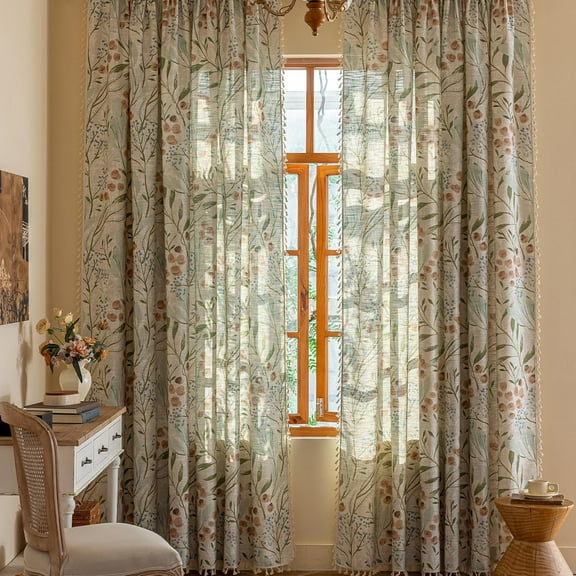 Vireellx Boho Curtains 96 Inch Length 2 Panels Leaf Semi Sheer Drapes Tassel Rod Pocket Bohemian Bedroom Window Curtain Panels for Living Room Farmhouse Geometric Striped Window Treatment