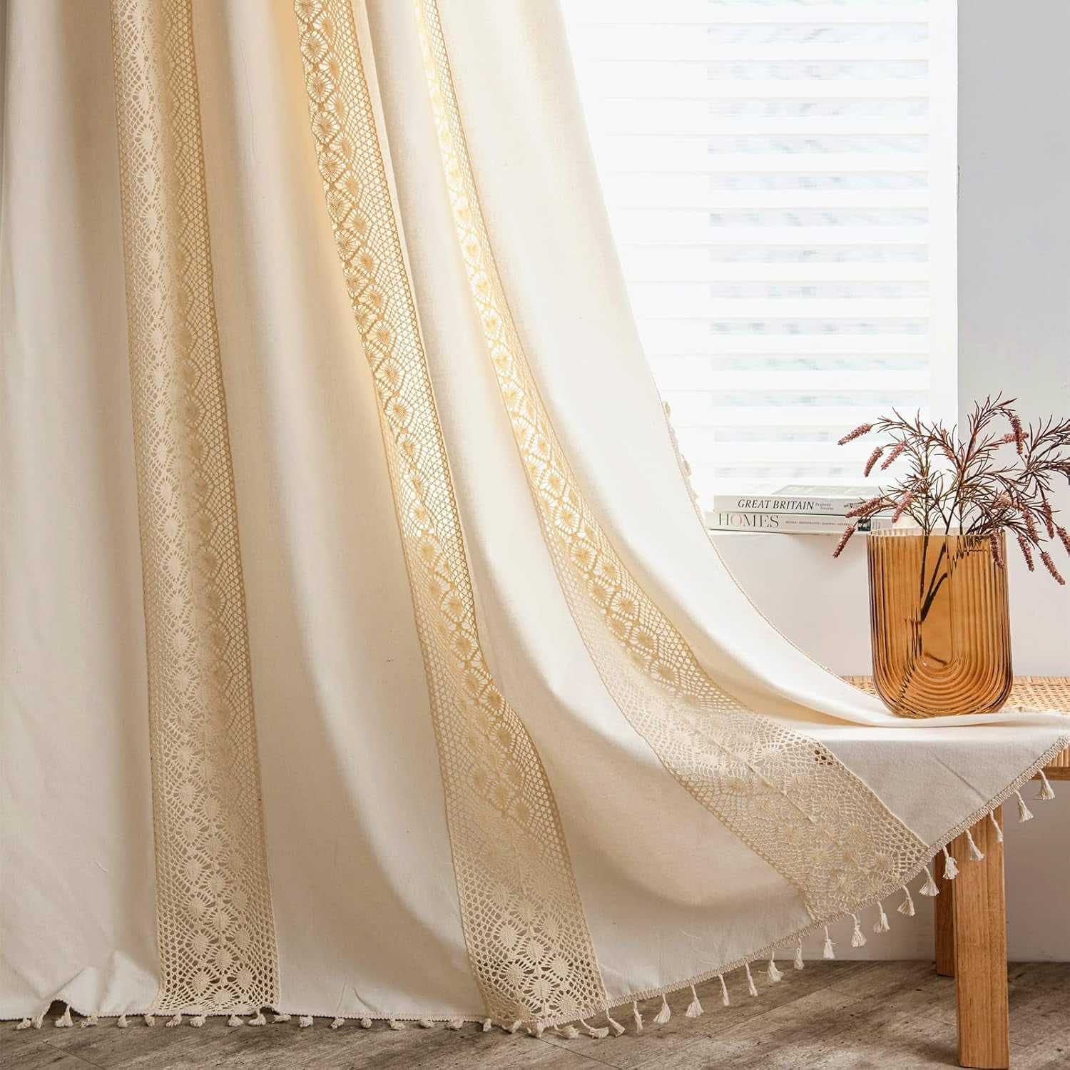 Vireellx Boho Curtains for Bedroom, Cream Hollow Crochet Stripes and Florals Print Cotton Linen Fabric Patchwork, Bohemian Beige Tassel Semi-Blackout Window Panel Farmhouse Drape