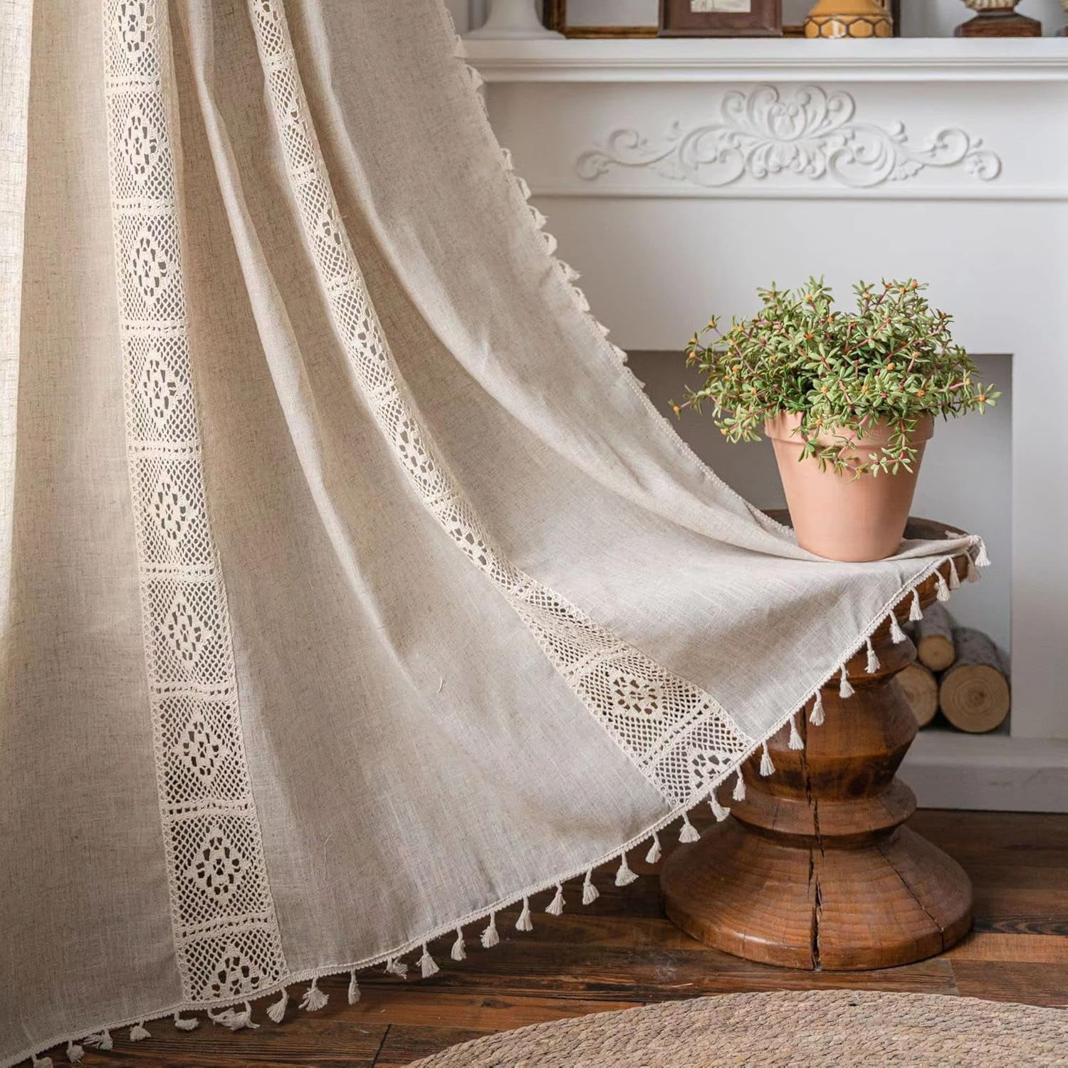Vireellx Boho Curtains for Bedroom, Cream Hollow Crochet Stripes and Florals Print Cotton Linen Fabric Patchwork, Bohemian Beige Tassel Semi-Blackout Window Panel Farmhouse Drape