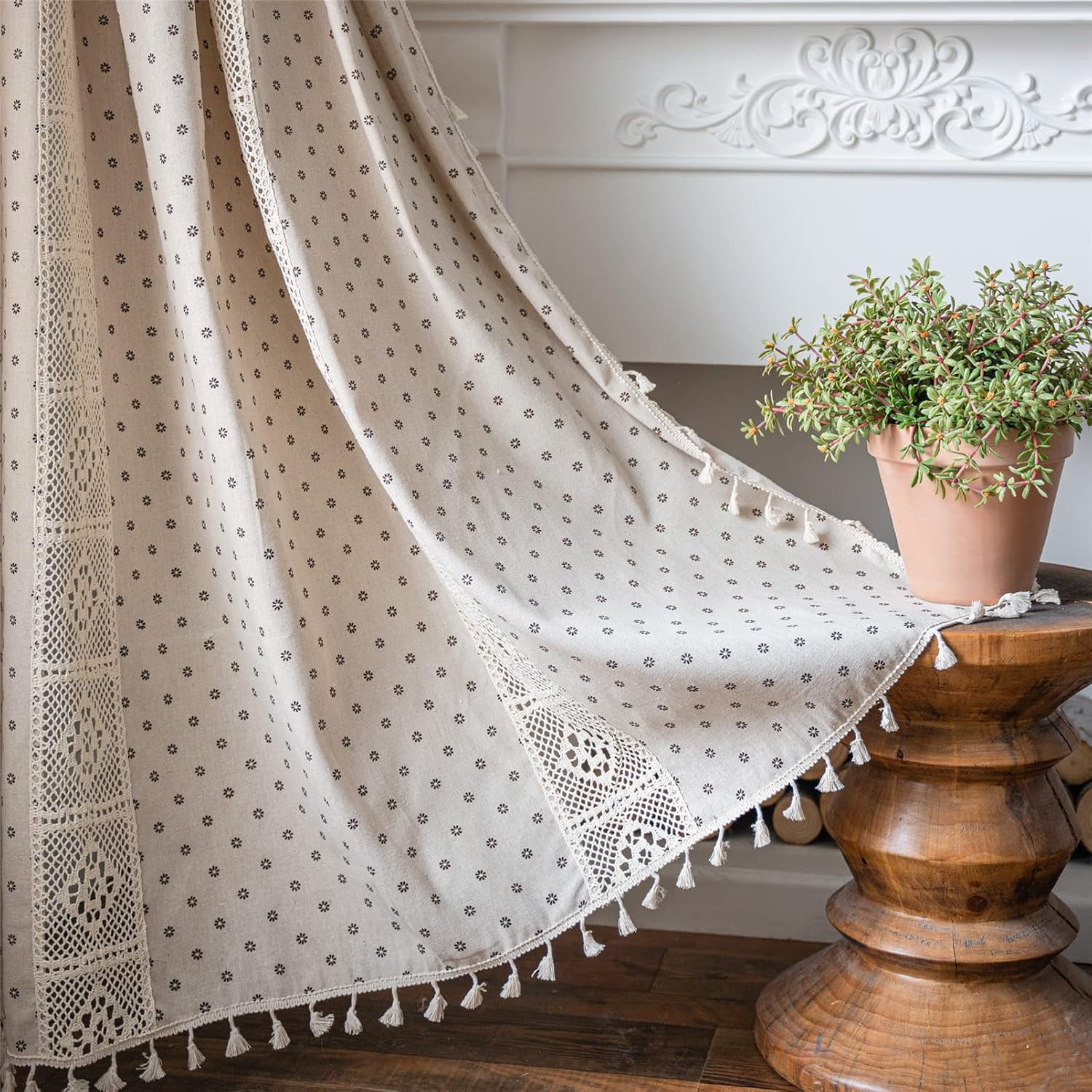 Vireellx Boho Curtains for Bedroom, Cream Hollow Crochet Stripes and Florals Print Cotton Linen Fabric Patchwork, Bohemian Beige Tassel Semi-Blackout Window Panel Farmhouse Drape