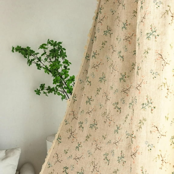 Vireellx Boho Curtains for Bedroom, Cream Hollow Crochet Stripes and Florals Print Cotton Linen Fabric Patchwork, Bohemian Beige Tassel Semi-Blackout Window Panel Farmhouse Drape