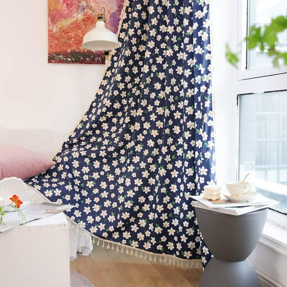 Vireellx Boho Curtains for Bedroom Living Room, Lace Hollow Crochet Stripes Blue Florals Print Cotton Linen Patchwork, Bohemian Green Tassel Semi-Blackout Window Farmhouse Drape