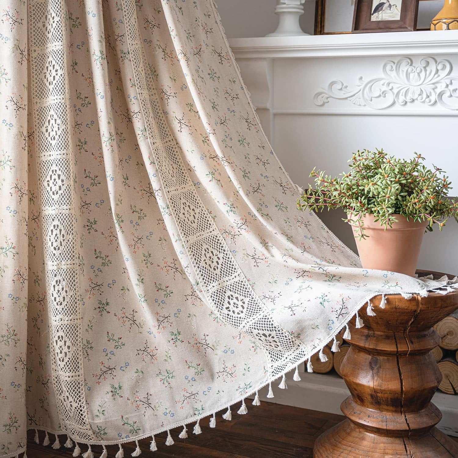 Vireellx Boho Curtains for Bedroom Living Room, Lace Hollow Crochet Stripes Blue Florals Print Cotton Linen Patchwork, Bohemian Green Tassel Semi-Blackout Window Farmhouse Drape