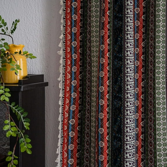 Vireellx Boho Semi Blackout Curtains, Colorful Stripes with Tassel Decorative Window Treatments, 1 Panel Rod Pocket Drapes for Living Rest Room