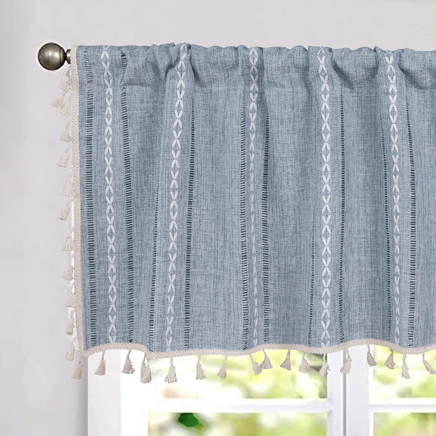 Vireellx ColorBird Farmhouse Light Filtering Window Curtains 2 Panels, 94 inch Embroidery Lattice Linen Curtains for Living Room, Rod Pocket Window Drapes for Bedroom Dining