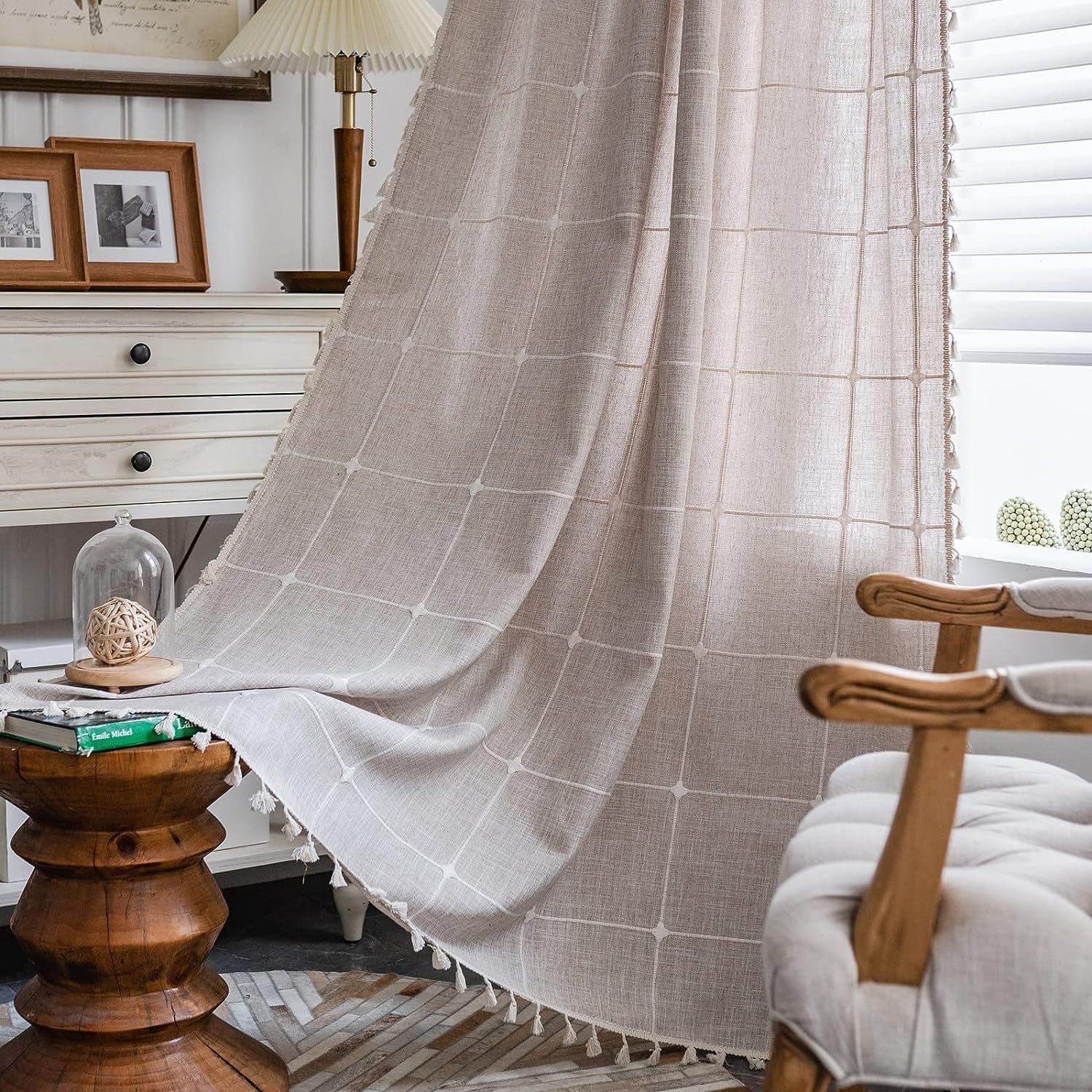 Vireellx ColorBird Farmhouse Light Filtering Window Curtains 2 Panels, 94 inch Embroidery Lattice Linen Curtains for Living Room, Rod Pocket Window Drapes for Bedroom Dining