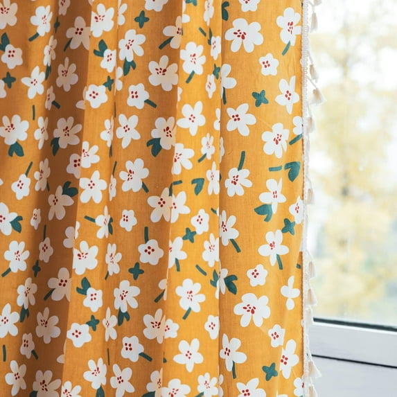 Vireellx Cream White Sheer Boho Curtain with Green Tassels, Cotton Linen Bohemian Accent Floral Window Treatment Panel