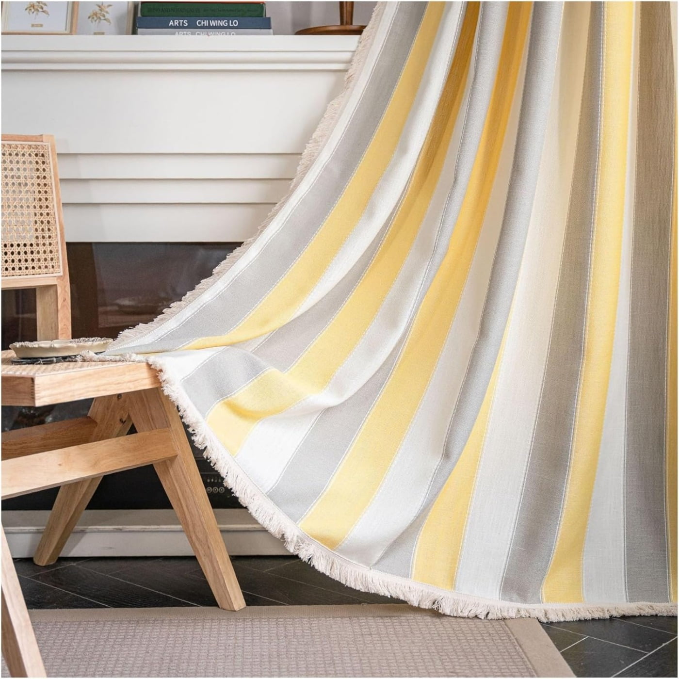 Vireellx Farmhouse Blackout Curtains，Contrasting Stripes Cotton Linen Curtains, with White Tassel Rod Pocket Curtains, Living Room Bedroom Dining Room