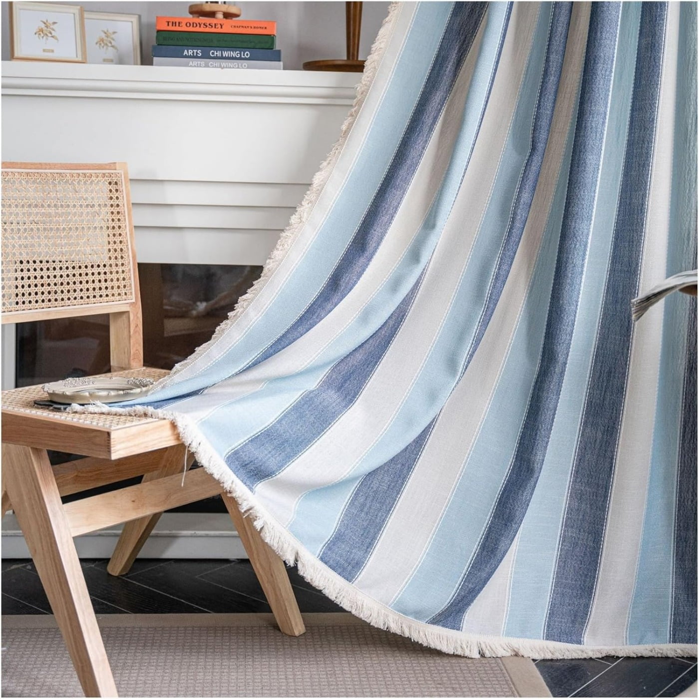 Vireellx Farmhouse Blackout Curtains，Contrasting Stripes Cotton Linen Curtains, with White Tassel Rod Pocket Curtains, Living Room Bedroom Dining Room