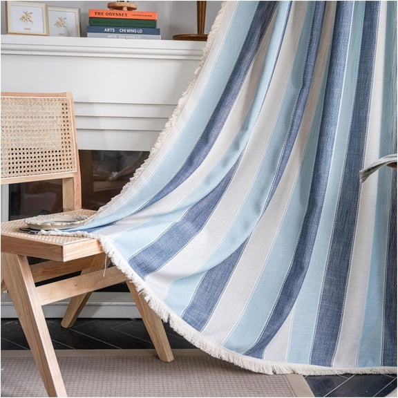 Vireellx Farmhouse Blackout Curtains,Contrasting Stripes Cotton Linen Curtains, with White Tassel Rod Pocket Curtains, Living Room Bedroom Dining Room