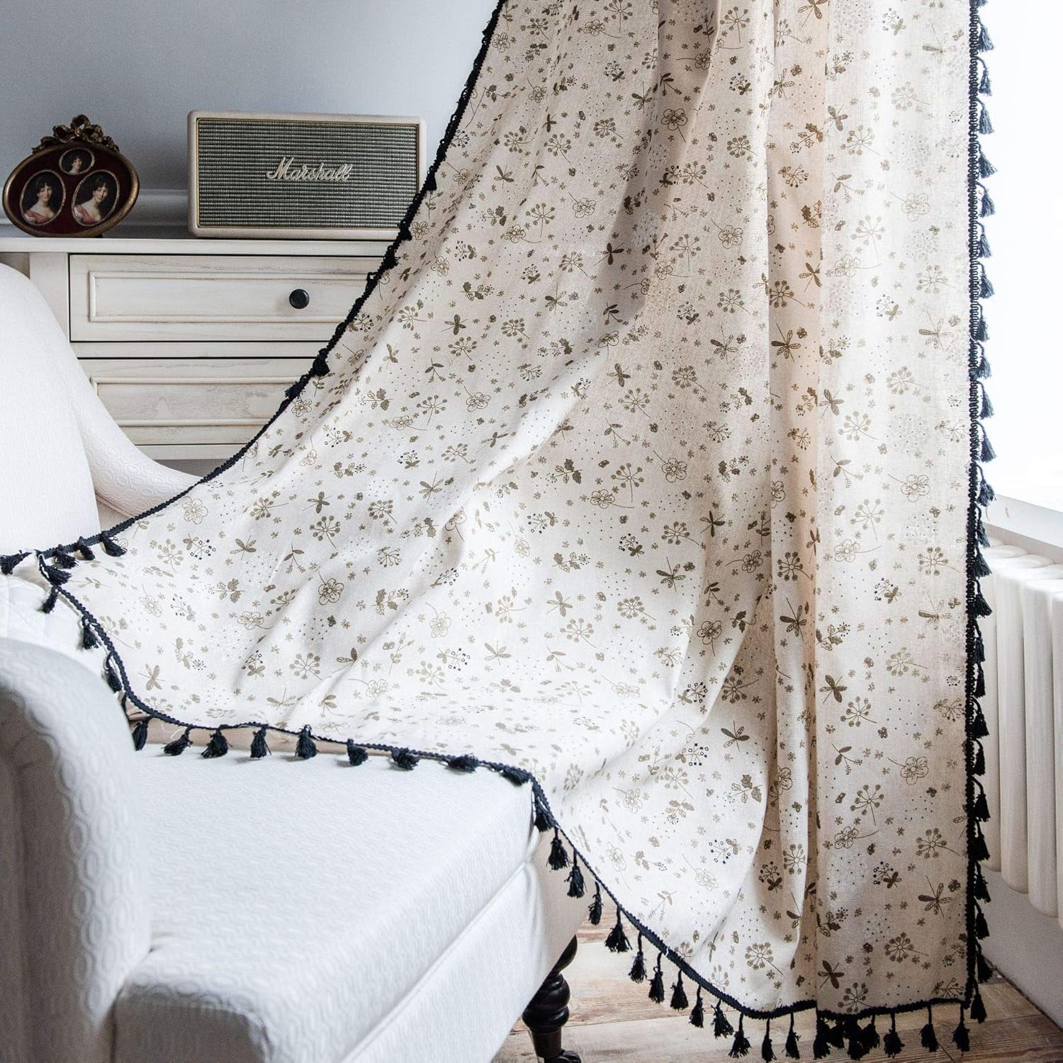 Window Panel Print Vireellx Farmhouse Floral Print Cotton Linen Window Curtain Panel with ...