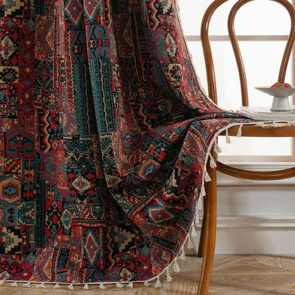 Vireellx Geometric Pattern Boho Jacquard Curtain 1 Panel Bohemian Semi-Sheer Window Curtain Panel Rod Pocket Drape with Tassels for Living Room Bedroom Kitchen