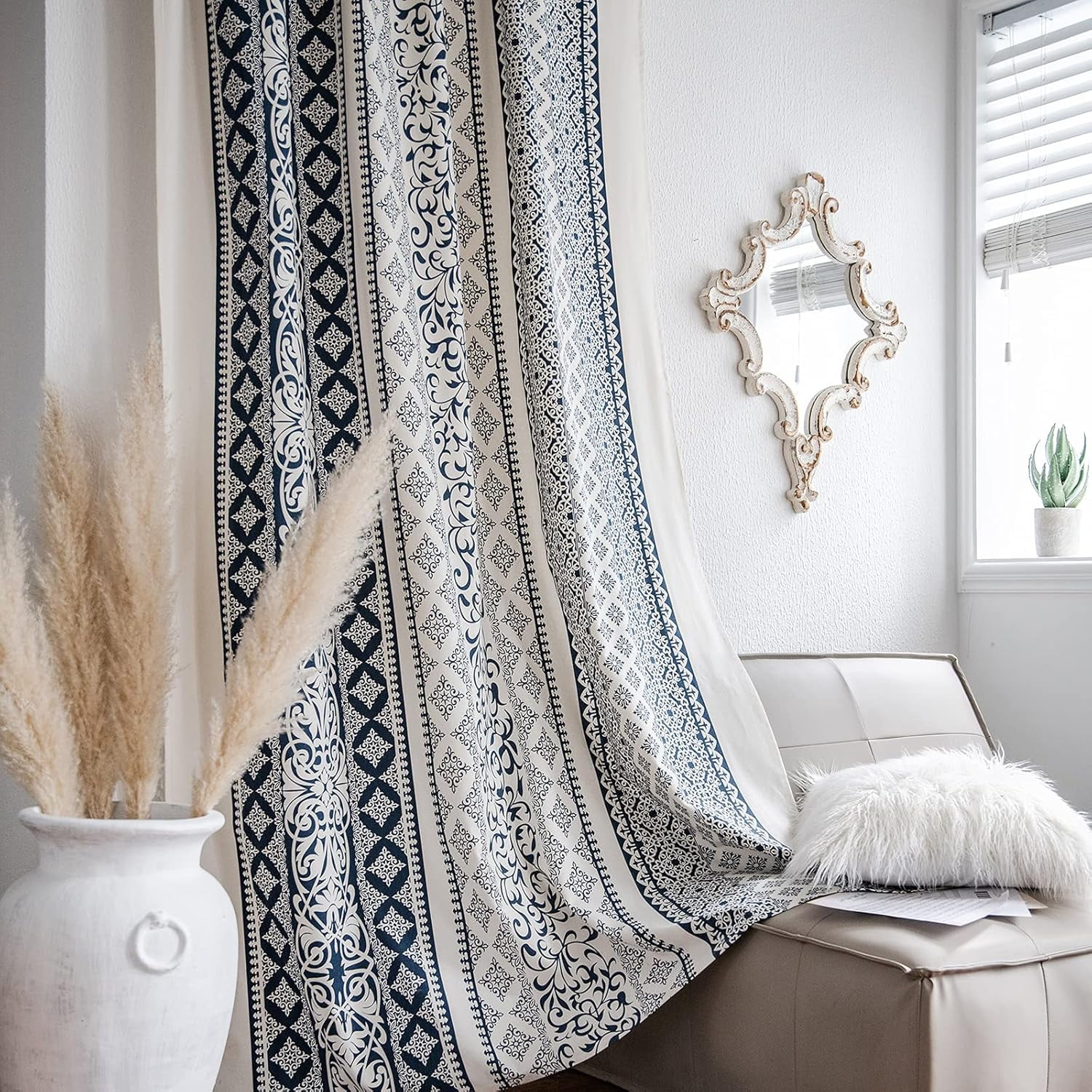 Vireellx Vintage Damask Semi-Blackout Window Curtains 2 Panels Bohemian Style Cotton Linen Darkening Curtains Rod Pocket Window Drapes for Living Room Bedroom