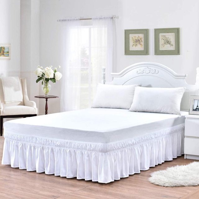 Virego White Wrap Around Bed Skirts with Adjustable Elastic Belt for