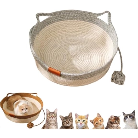VirelaPets Woven Rope Cat Basket, Virelapets Hand Woven Rope Cat Bed, Hand Woven Cats Bed, Natural Cotton Rope Cats Baskets Bed with Ball Toy (Grey,Medium)