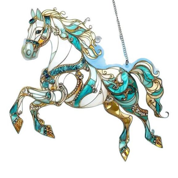 Virelaxpo 2D Acrylic Spring Horse Hanging Ornament with Blue Design, Festive Home Decor for Shelf or Table, Plastic Light Catcher Pendant, Size 20x20cm