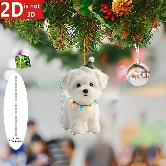 Virelaxpo 2D Flat Snow-White Maltese Dog Christmas Pendant Tree Ornament and Home Decoration for Holiday Season