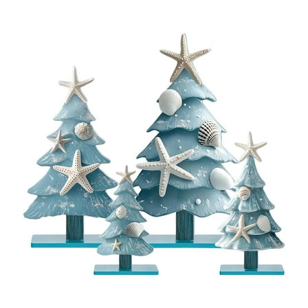 Virelaxpo 4-Piece Blue Coastal Christmas Table Decor Set, Wooden Sea Theme Ornaments for Holiday Desktop Decoration, Nautical Style for Christmas and Home Styling
