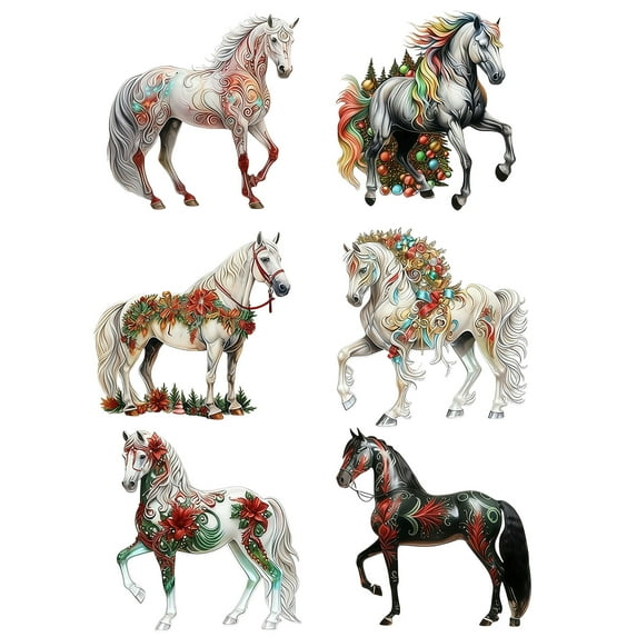 Virelaxpo 6-Pack Vintage Christmas Horse Ornaments Acrylic Hanging Decor with 8cm Designs for Wall and Tree