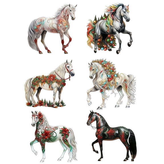 Virelaxpo 6-Pack Vintage Christmas Horse Ornaments Acrylic Hanging Decor with 8cm Designs for Wall and Tree