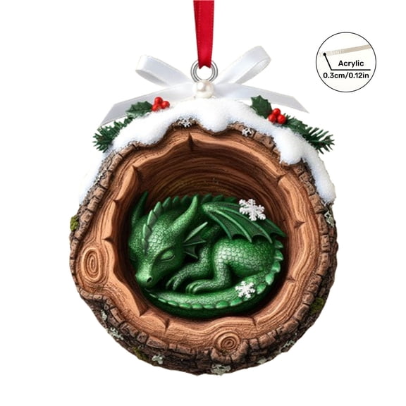 Virelaxpo Acrylic Christmas Dragon Ornaments Set of 5 with Sleeping Dragon in Log Design Snow Holly Details Festive Hanging Decor for Holiday Tree and Home Decoration