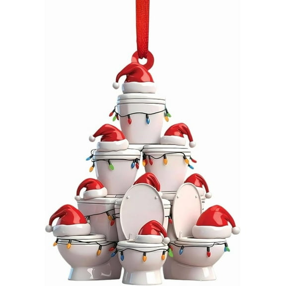 Virelaxpo Acrylic Toilet Shape with Santa Hat Christmas Ornament for Humorous Bathroom and Tree Decor