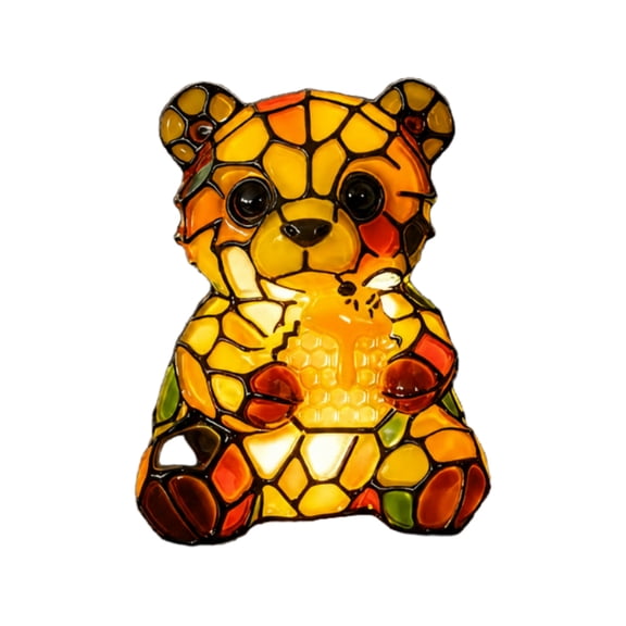 Virelaxpo Bear Shaped Resin Night Light Mini Desktop Table Lamp Hive Stained Glass Detail Soft Warm LED Stable Base Decor for Bedroom Living Room Study