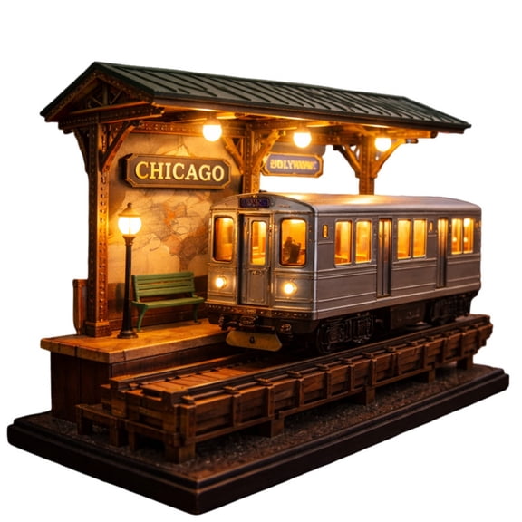Virelaxpo Chicago Train Station Desk Lamp with LED Warm Light - Model Night Light for Office Study Room and Bookshelf Decor - Gift for Train Enthusiasts