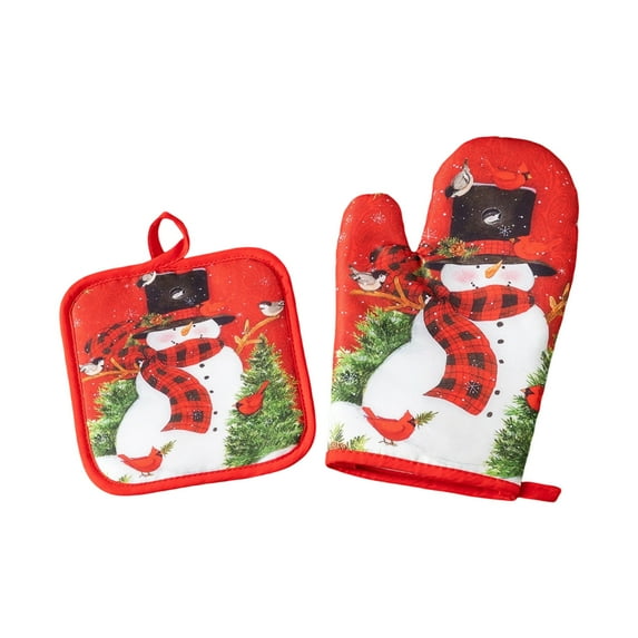 Virelaxpo Christmas Oven Gloves for Baking and Cooking with Festive Snowman and Tree Design - Heat Resistant Mitts for Microwave and Oven Use, Red Color Polyester Material