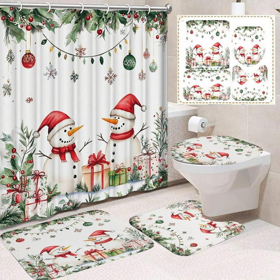 Virelaxpo Christmas Style Bathroom Decor Collection Featuring Shower Curtain, Floor Mat, Toilet Seat Cover and U-Shaped Mat for Holiday Bathroom Upgrade