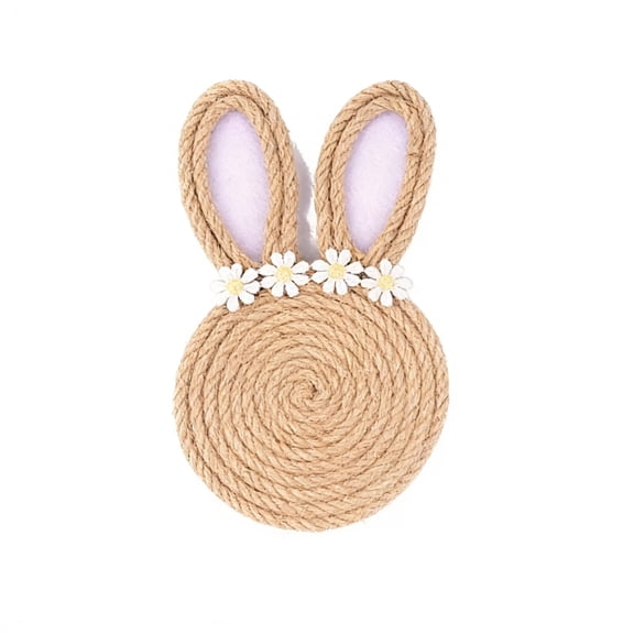 Virelaxpo Easter Bunny Hemp Rope Coasters Pink Tulle Bow Black White Checkered Bow White Lace Small Daisy Rabbit Shaped Non Woven Inner Ears Cork Base Absorbent Mugs
