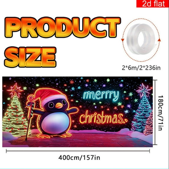 Virelaxpo Fluorescent Christmas Garage Door Cover with UV Light Effects - Heavy-Duty PVC Background for Holiday Decoration and Party Setup