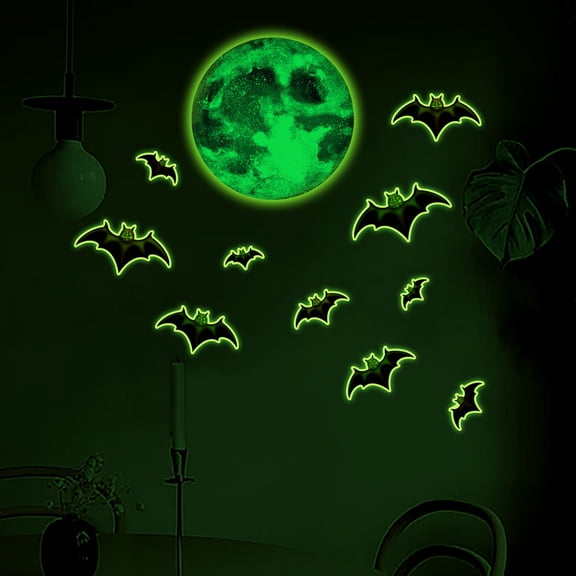 Virelaxpo Glow In The Dark Halloween Bat Moon Wall Stickers PVC Luminous Decals Living Room Bedroom Adhesive Decor