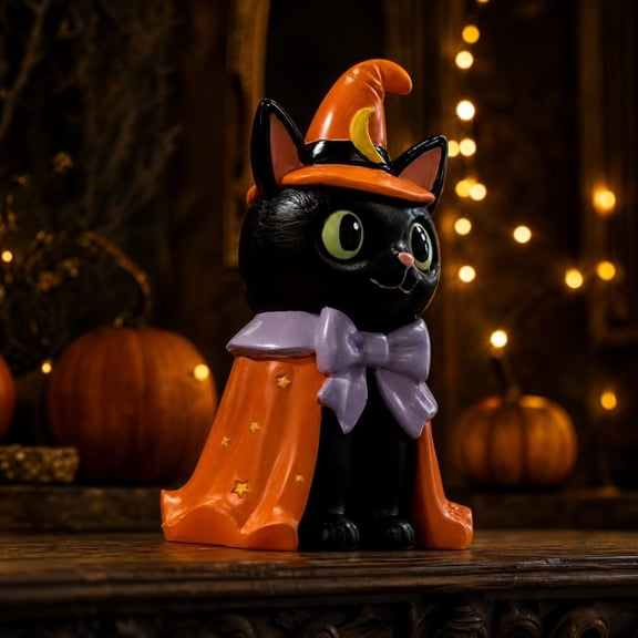 Virelaxpo Halloween Witch Cat Resin Figurine with Hat Cape for Tabletop Fall Decor