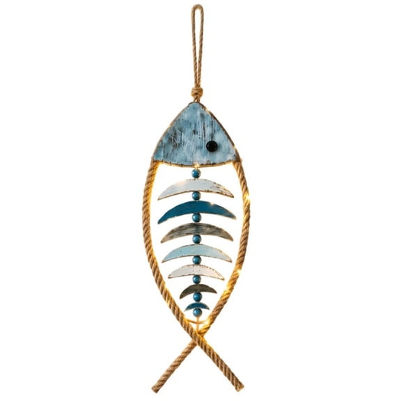 Virelaxpo Handmade Nautical Wooden Fish Skeleton Wall Hanging Light LED String Light Distressed Finish Easy Hang for Living Room Beach House Wall Art Decor