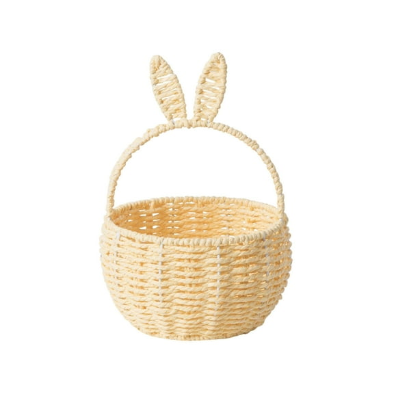 Virelaxpo Handmade Wicker Bunny Ears Picnic Basket Easter Bunny Basket with Handle for Egg Hunt Party Storage Burlap Bow Cute Candy Organizer Spring Party Decor