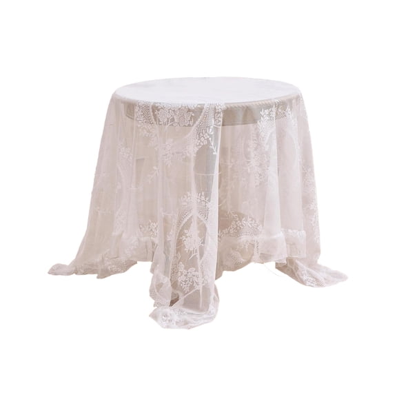 Virelaxpo Lace Round Tablecloth with Ruffled Edge, Vintage Esthetic Hollowed-out Design for Dining Table, Polyester Fabric Easy Care, 90cm Diameter in Green White