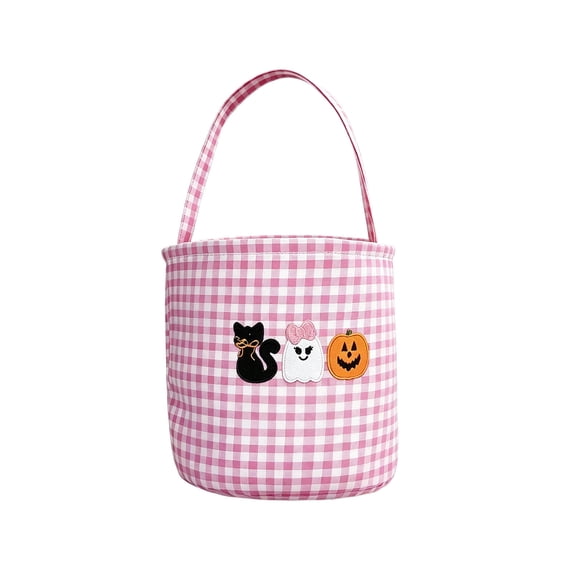 Virelaxpo Plaid Fabric Halloween Storage Basket – Ghost Pumpkin Print Handheld Bin for Candy Gift Wrap Snack Picnic Holiday Table Organization