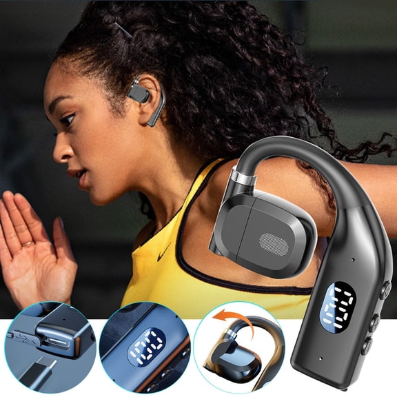 Virelaxpo Single Ear Open-Ear Bluetooth Headphones, 180-Degree Rotatable for Left or Right Ear, 10-Hour Playback with Digital Display, Ideal for Fitness and Daily Commute