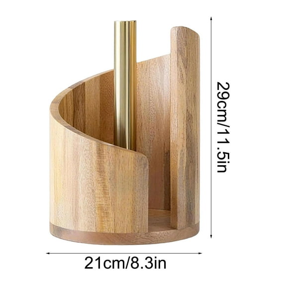 Virelaxpo Wooden Countertop Paper Towel Holder with Round Base and Iron Stand One-Handed Tear Design for Kitchen and Bathroom Freestanding Towel Dispenser Natural Grain Finish